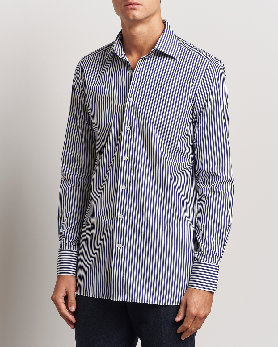 Herre | Skjorter | 100Hands | Striped Cut Away Cotton Shirt Navy