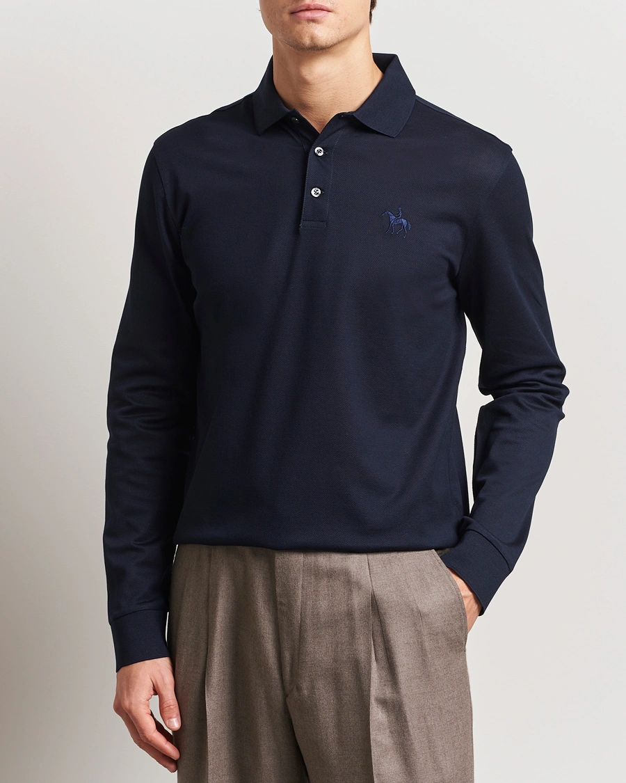 Herre | Pikéer | Ralph Lauren Purple Label | Mercerized Cotton Long Sleeve Polo Chairman Navy