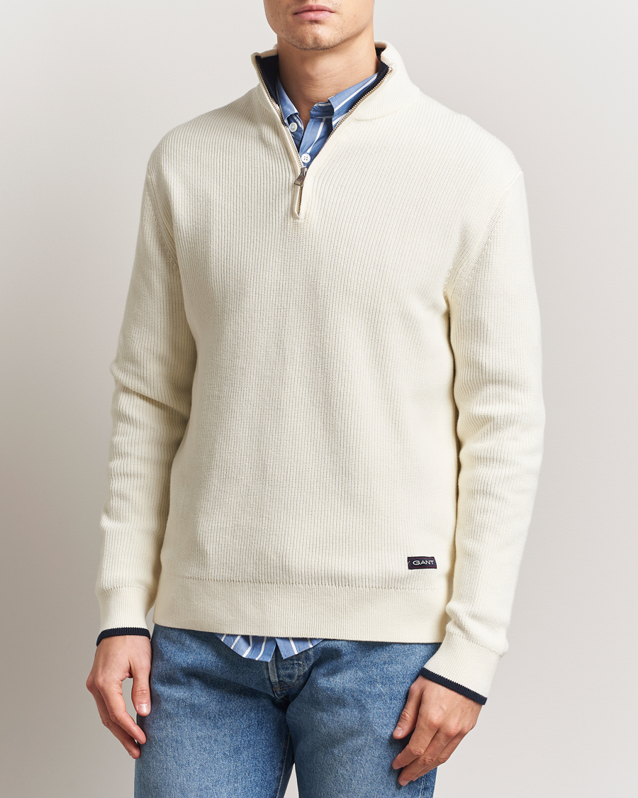 Herre | Gensere | GANT | Ribbed Cotton Half Zip Cream