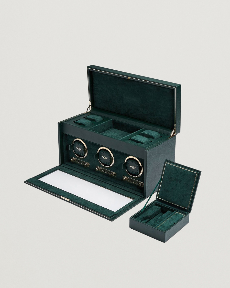 Herre | Klokke- og smykkeskrin | WOLF | British Racing Triple Watch Winder With Storage Green