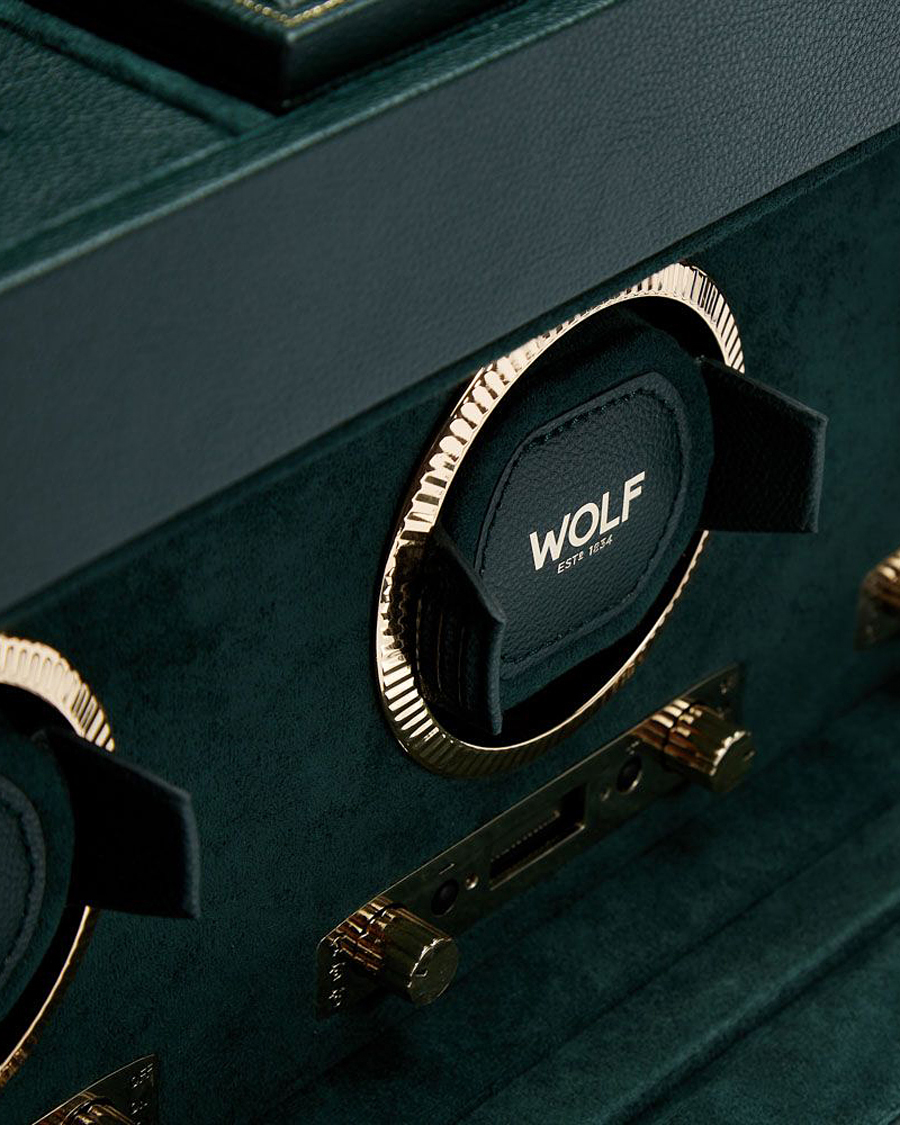 Herre | Klokke- og smykkeskrin | WOLF | British Racing Triple Watch Winder With Storage Green