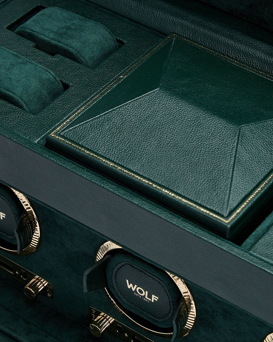Herre | Klokke- og smykkeskrin | WOLF | British Racing Triple Watch Winder With Storage Green