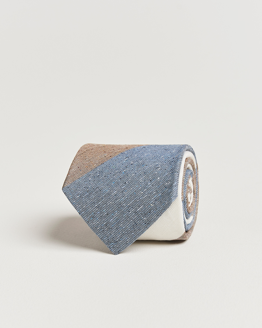 Herre | Slips | Amanda Christensen | Silk/Linen Bourette Block Striped 8cm Tie White/Blue/Brown