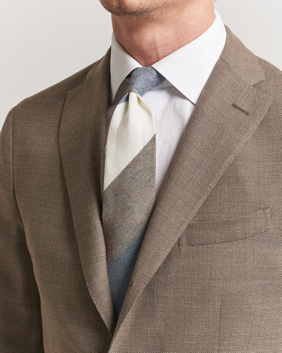 Herre | Slips | Amanda Christensen | Silk/Linen Bourette Block Striped 8cm Tie White/Blue/Brown