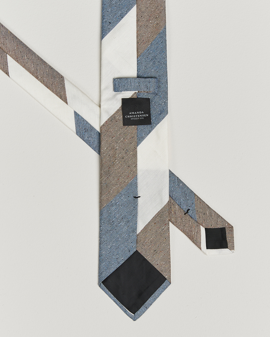 Herre | Slips | Amanda Christensen | Silk/Linen Bourette Block Striped 8cm Tie White/Blue/Brown