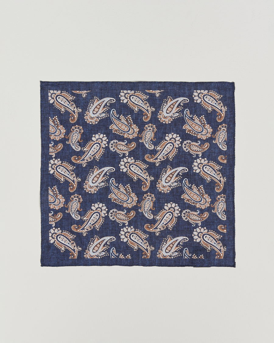 Herre | Lommetørklær | Amanda Christensen | Linen Printed Large Paisley Pocket Square Navy