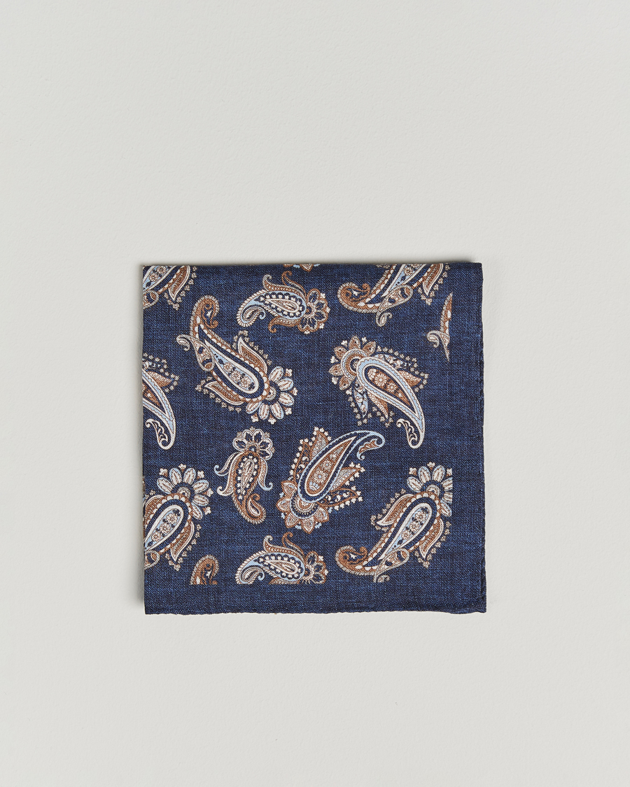 Herre | Lommetørklær | Amanda Christensen | Linen Printed Large Paisley Pocket Square Navy