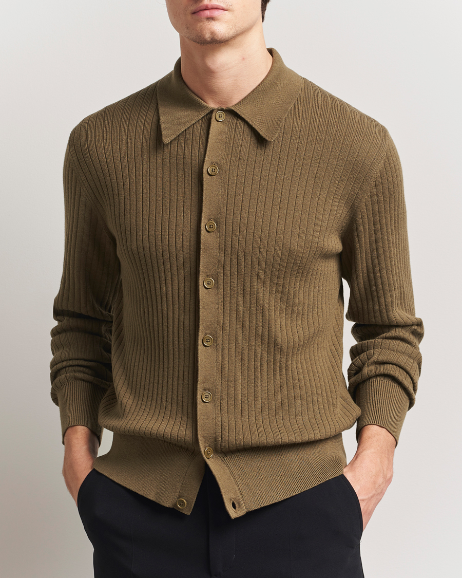 Herre | Gensere | Filippa K | Cotton Merino Ribbed Knitted Cardigan Olive Green
