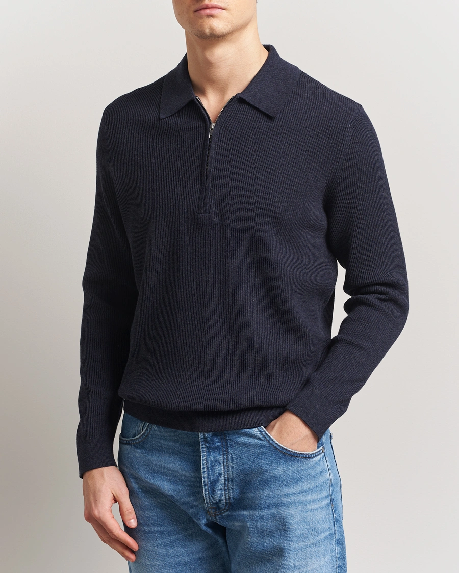 Herre | Gensere | NN07 | Hansie Ribbed Knitted Half Zip Navy Melange