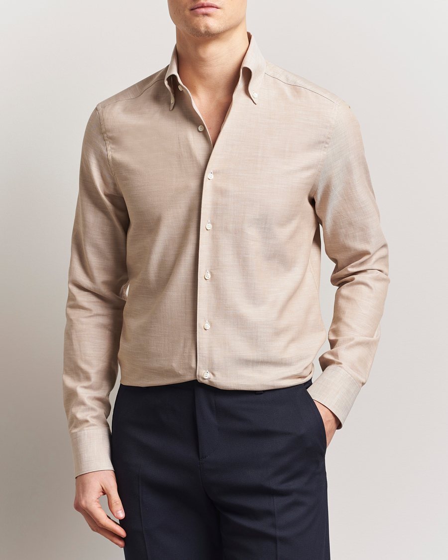 Herre | Skjorter | Stenströms | Soft Cotton One Piece Button Down Shirt Beige