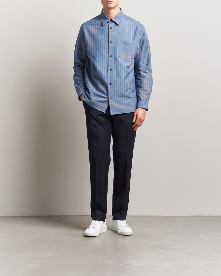 Herre | Skjorter | A.P.C. | Malo Cotton/Linen Striped Overshirt Blue