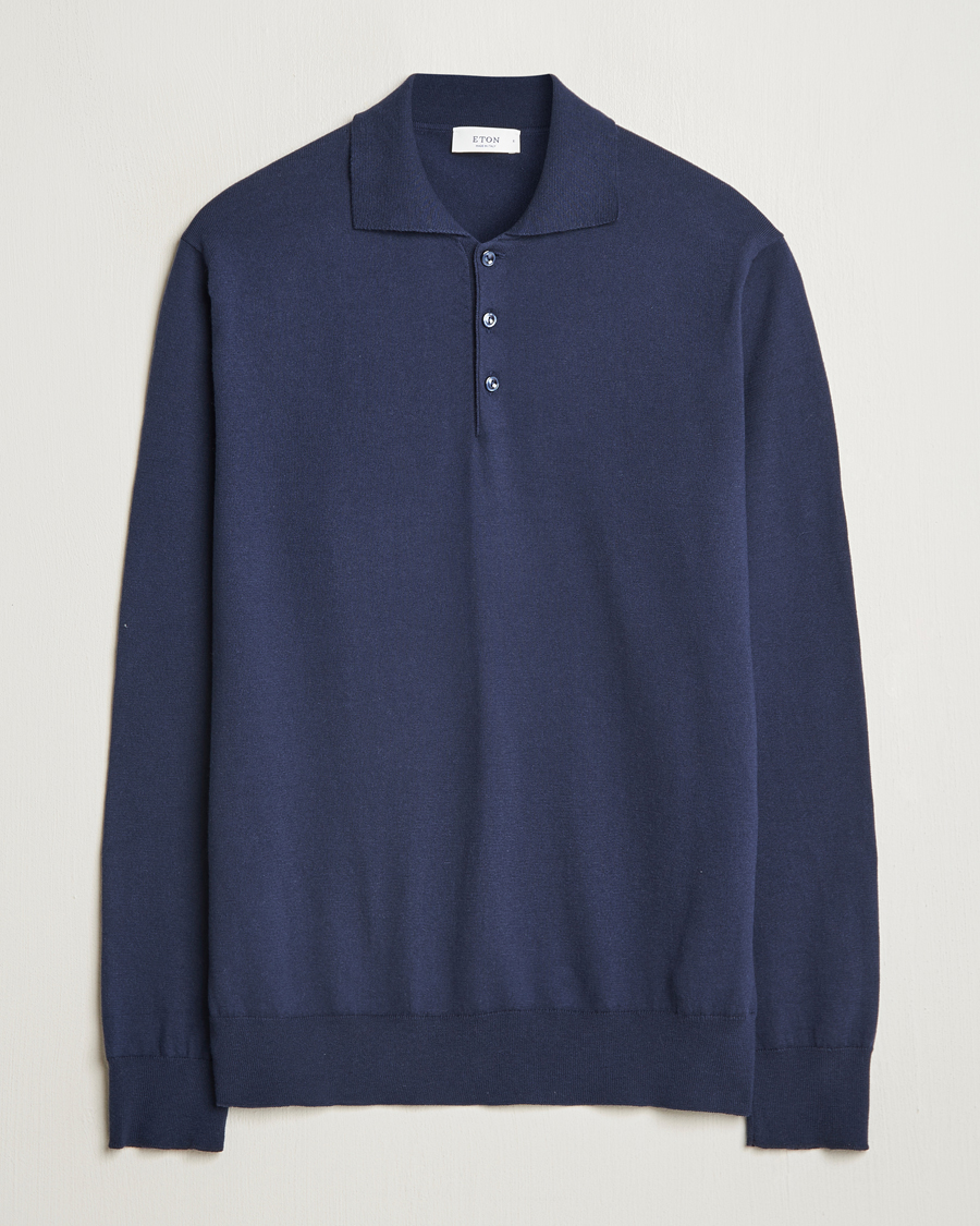 Herre | Gensere | Eton | Cotton/Cashmere Fine Knitted Polo Navy Blue