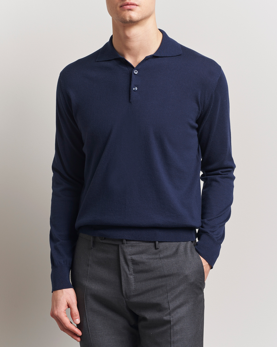 Herre | Gensere | Eton | Cotton/Cashmere Fine Knitted Polo Navy Blue