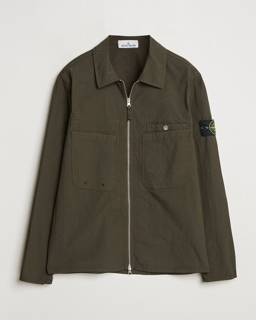Herre | Skjorter | Stone Island | Stretch Ripstop Cotton Zip Overshirt Military Green