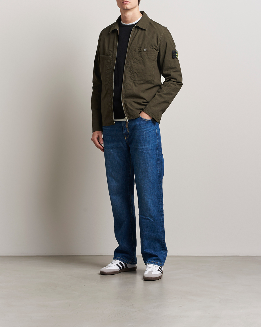 Herre | Skjorter | Stone Island | Stretch Ripstop Cotton Zip Overshirt Military Green