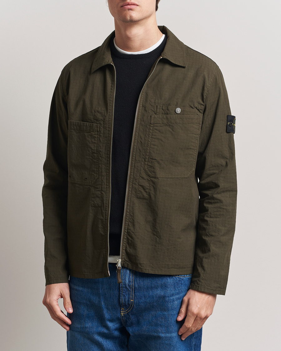 Herre | Skjorter | Stone Island | Stretch Ripstop Cotton Zip Overshirt Military Green