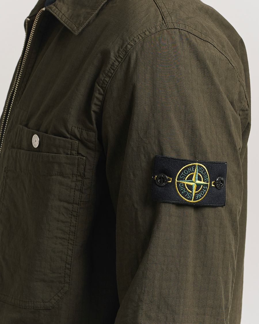 Herre | Skjorter | Stone Island | Stretch Ripstop Cotton Zip Overshirt Military Green