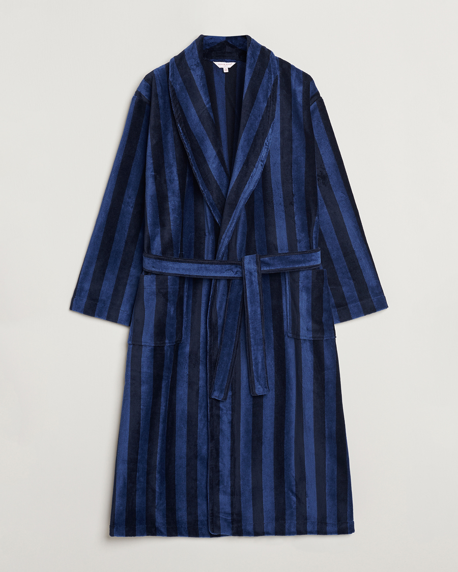Herre | Derek Rose Cotton Velour Striped Gown Navy/Blue | Derek Rose | Cotton Velour Striped Gown Navy/Blue