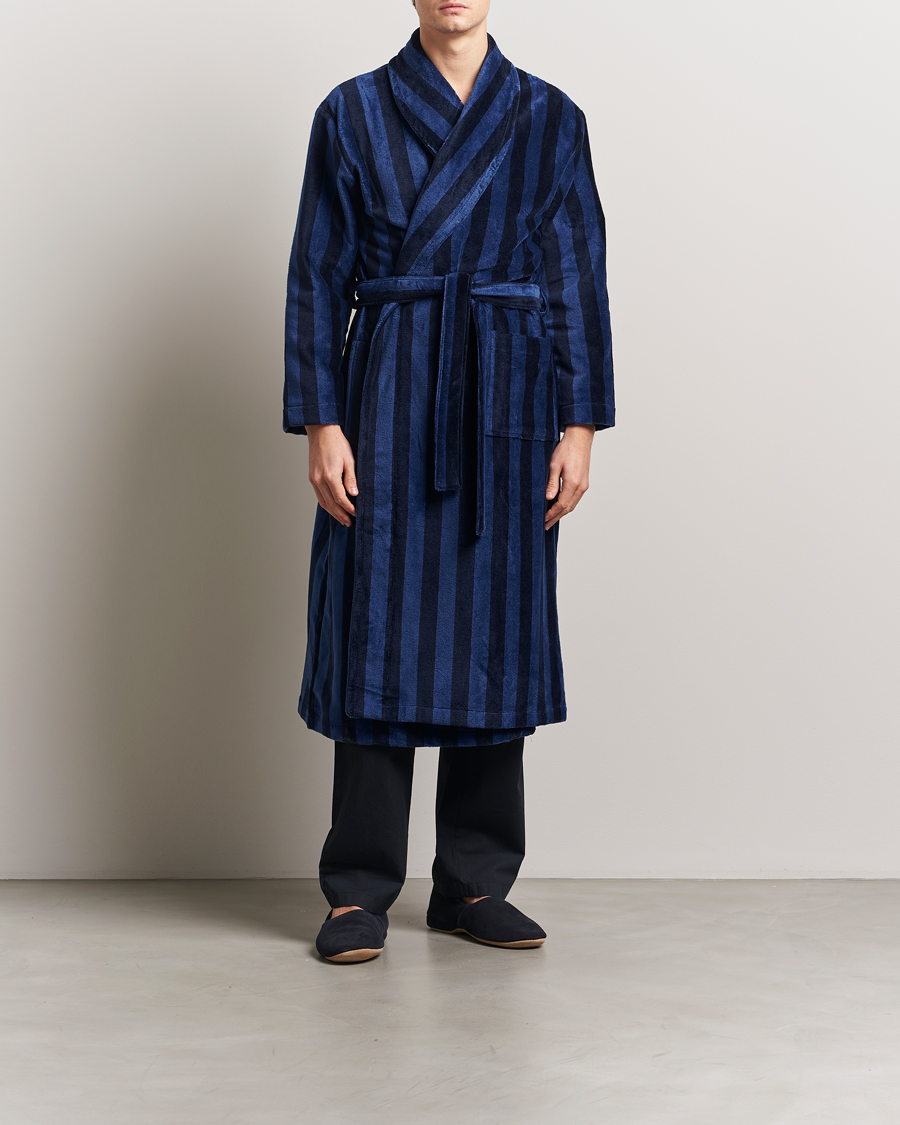 Herre | Derek Rose Cotton Velour Striped Gown Navy/Blue | Derek Rose | Cotton Velour Striped Gown Navy/Blue