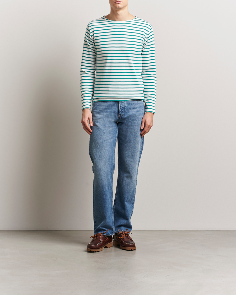 Herre | T-Shirts | Armor-lux | Houat Héritage Stripe Long Sleeve T-Shirt Milk/Deep Jungle