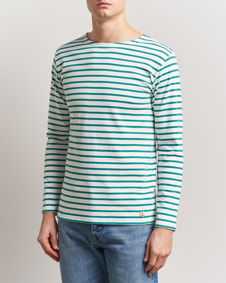 Herre | T-Shirts | Armor-lux | Houat Héritage Stripe Long Sleeve T-Shirt Milk/Deep Jungle
