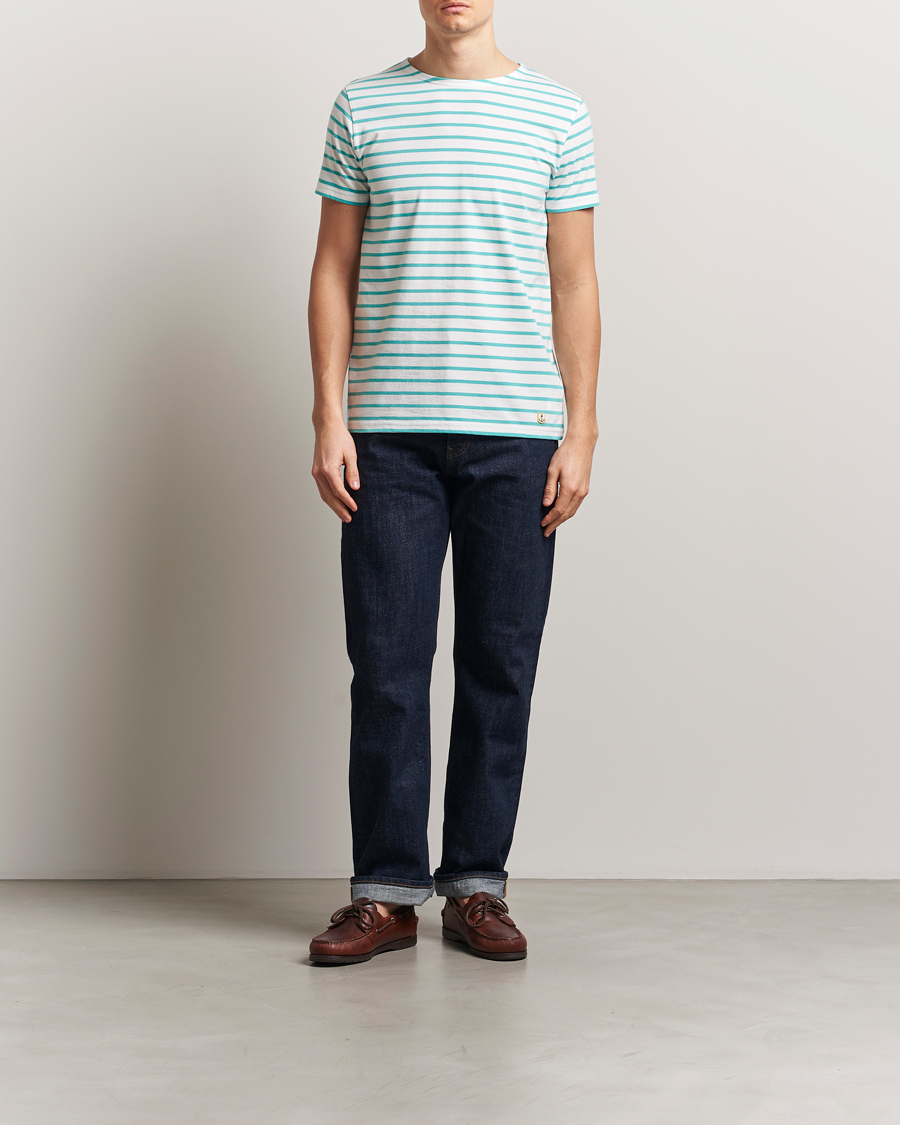 Herre | T-Shirts | Armor-lux | Hoëdic Boatneck Héritage Stripe T-shirt Milk/Laguna