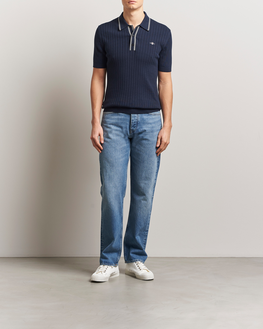Herre | Pikéer | GANT | Ribbed Cotton Knitted Polo Evening Blue