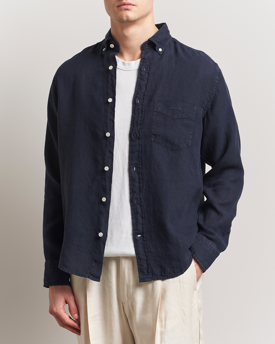 Herre | Skjorter | GANT | Regular Fit Garment Dyed Linen Shirt Evening Blue