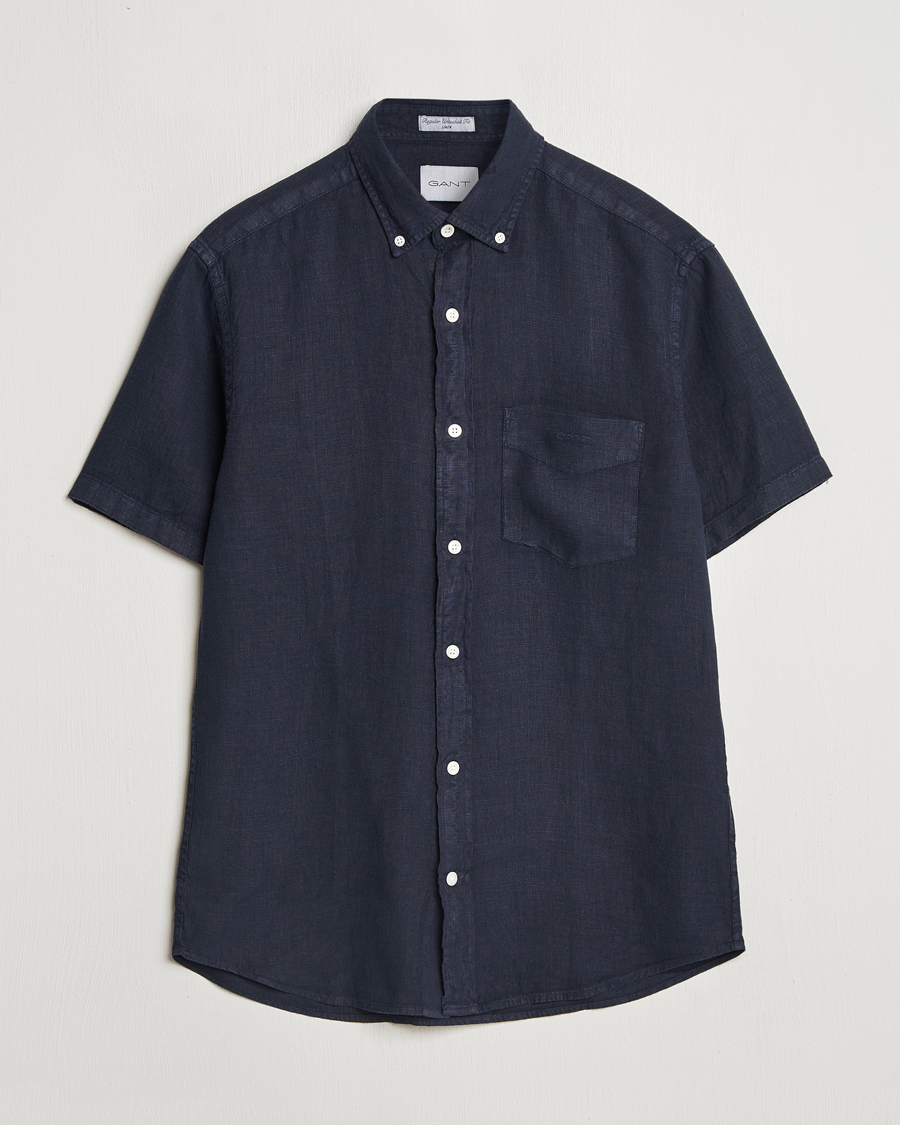 Herre | Skjorter | Gant | Regular Fit Garment Dyed Short Sleeve Linen Shirt Evening Blue
