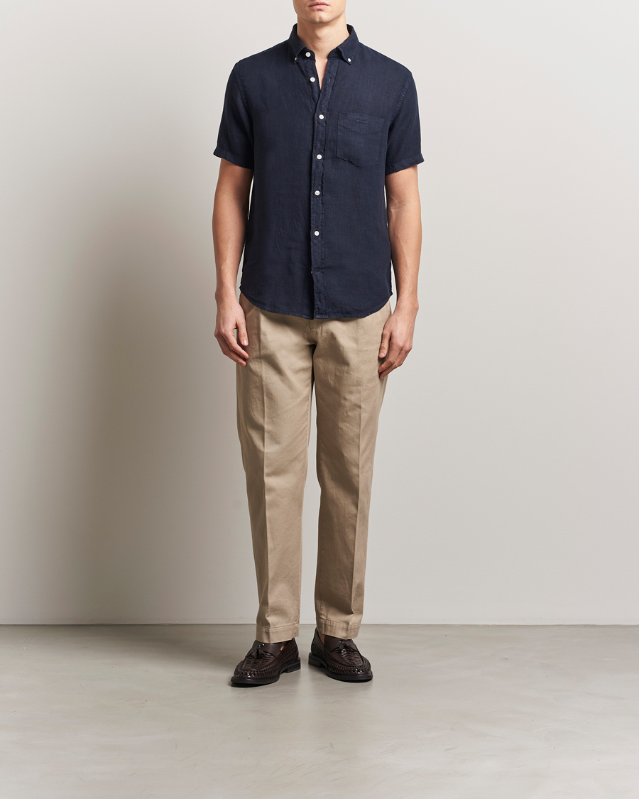 Herre | Skjorter | Gant | Regular Fit Garment Dyed Short Sleeve Linen Shirt Evening Blue