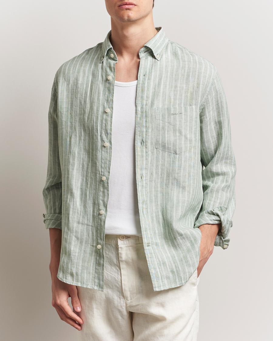 Herre | Skjorter | GANT | Regular Fit Linen Striped Shirt Kalamata Green