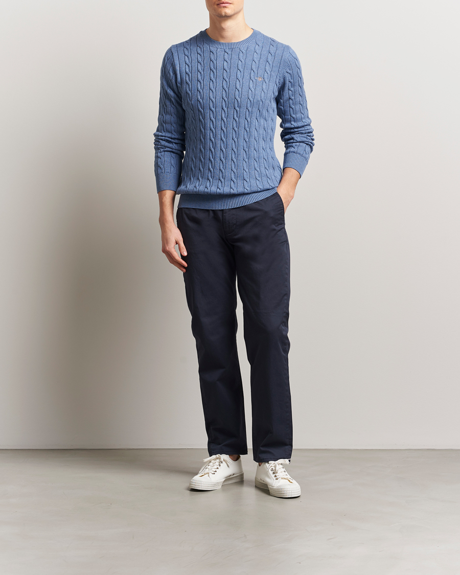 Herre | Gensere | GANT | Cotton Cable Crew Neck Pullover Denim Blue Melange