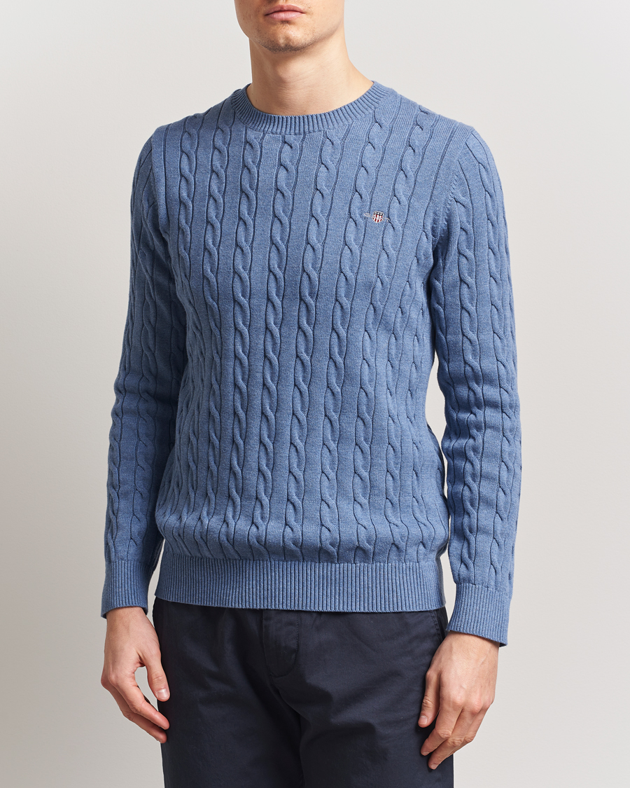 Herre | Gensere | GANT | Cotton Cable Crew Neck Pullover Denim Blue Melange