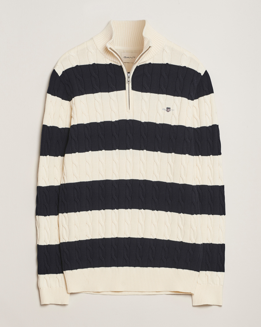 Herre | Gensere | GANT | Cotton Striped Cable Half Zip Evening Blue