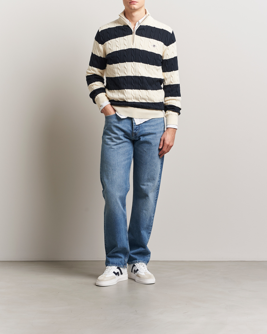 Herre | Gensere | GANT | Cotton Striped Cable Half Zip Evening Blue