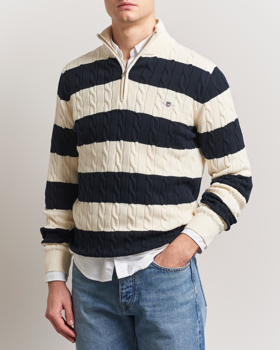 Herre | Gensere | GANT | Cotton Striped Cable Half Zip Evening Blue