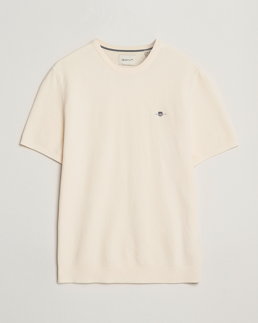 Herre | T-Shirts | GANT | Micro Textured Crew Neck T-shirt Cream