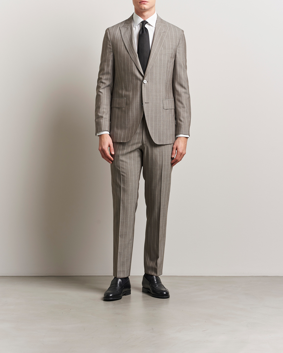 Herre | Bukser | Oscar Jacobson | Dandy Striped Super 130s Wool Trouser Beige