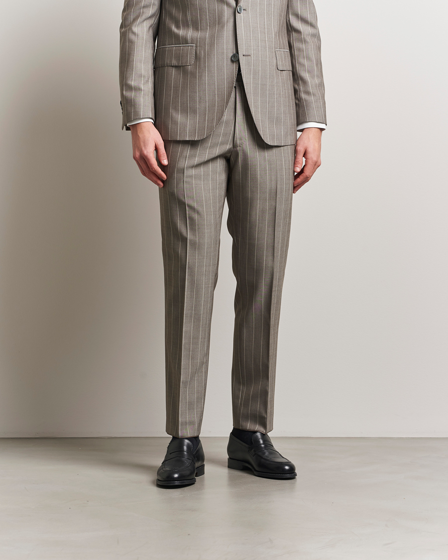 Herre | Bukser | Oscar Jacobson | Dandy Striped Super 130s Wool Trouser Beige
