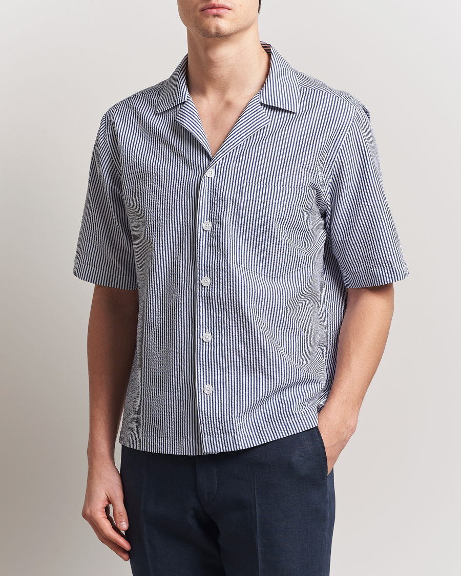 Herre | Skjorter | Oscar Jacobson | Cuban Short Sleeve Seersucker Shirt Blue/White