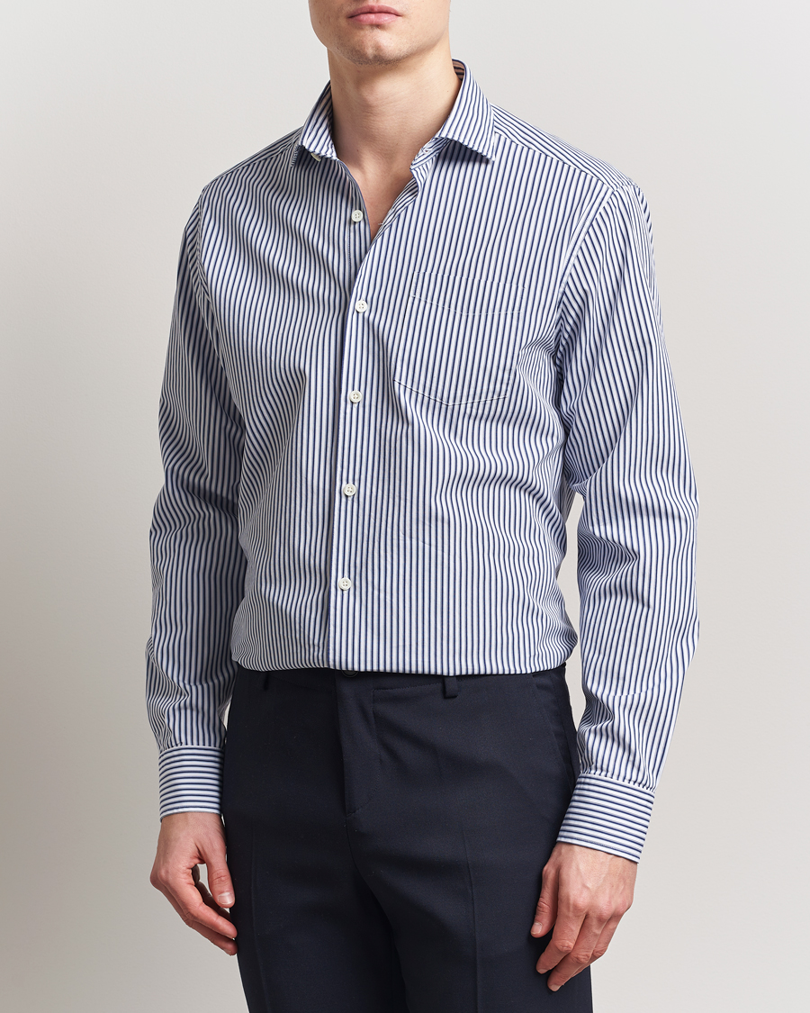 Herre | Skjorter | Oscar Jacobson | Wide Spread Washed Stripe Shirt White/Blue