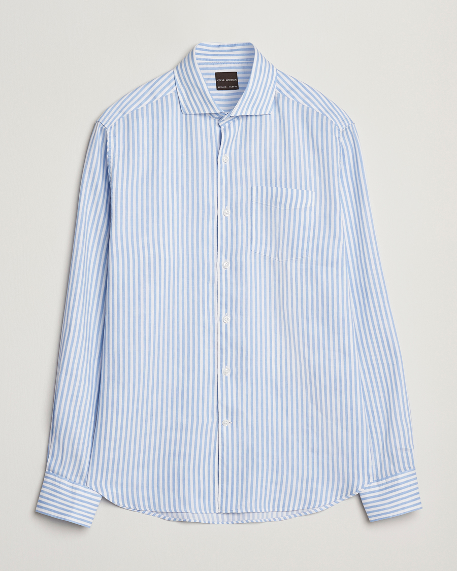 Herre | Skjorter | Oscar Jacobson | Wide Spread Linen/Cotton Venetian Stripe Shirt Blue