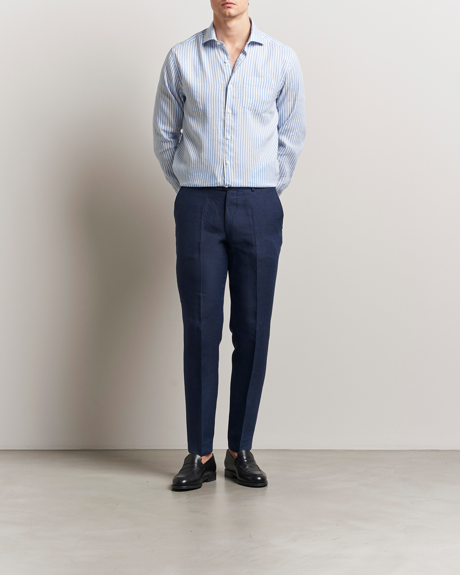 Herre | Skjorter | Oscar Jacobson | Wide Spread Linen/Cotton Venetian Stripe Shirt Blue