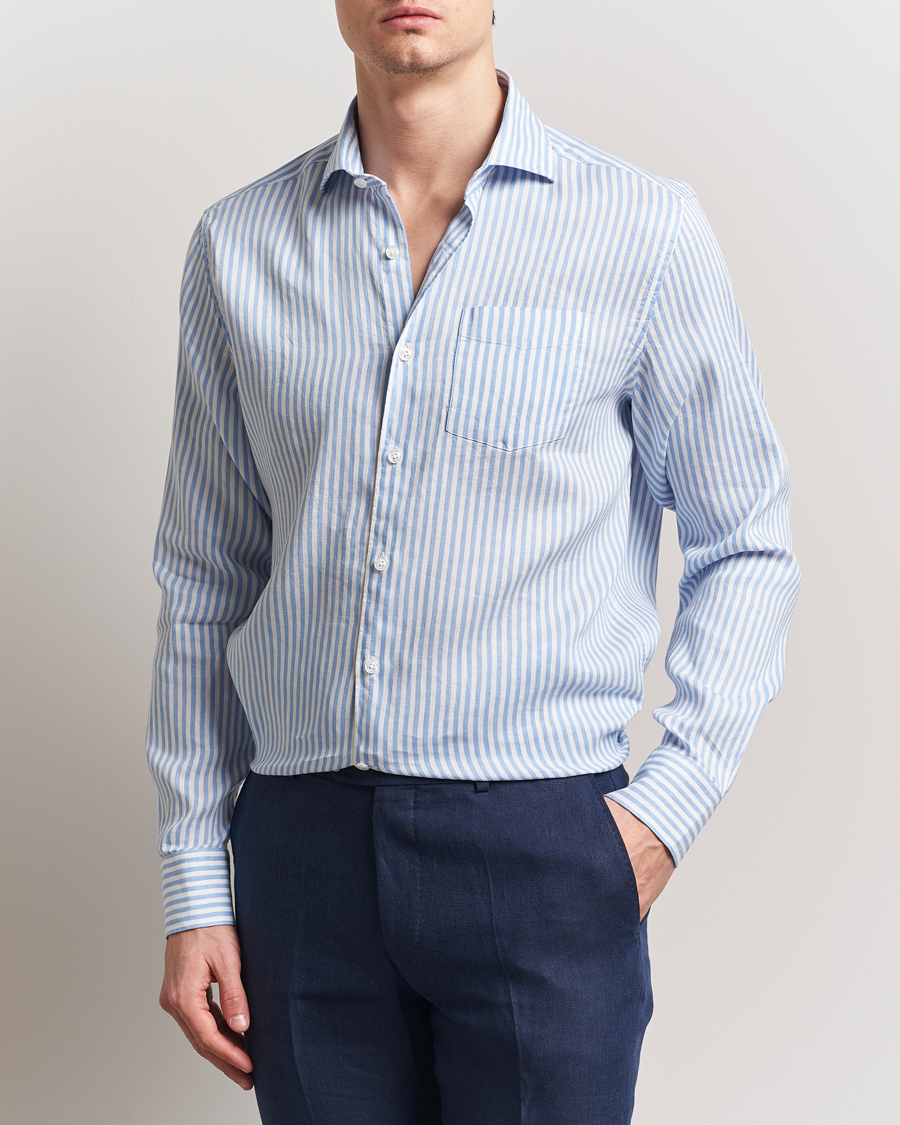 Herre | Skjorter | Oscar Jacobson | Wide Spread Linen/Cotton Venetian Stripe Shirt Blue