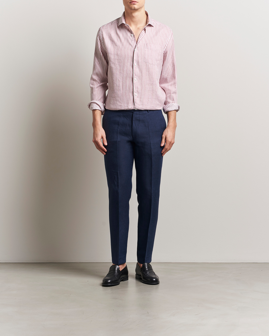 Herre | Skjorter | Oscar Jacobson | Wide Spread Linen/Cotton Venetian Stripe Shirt Red