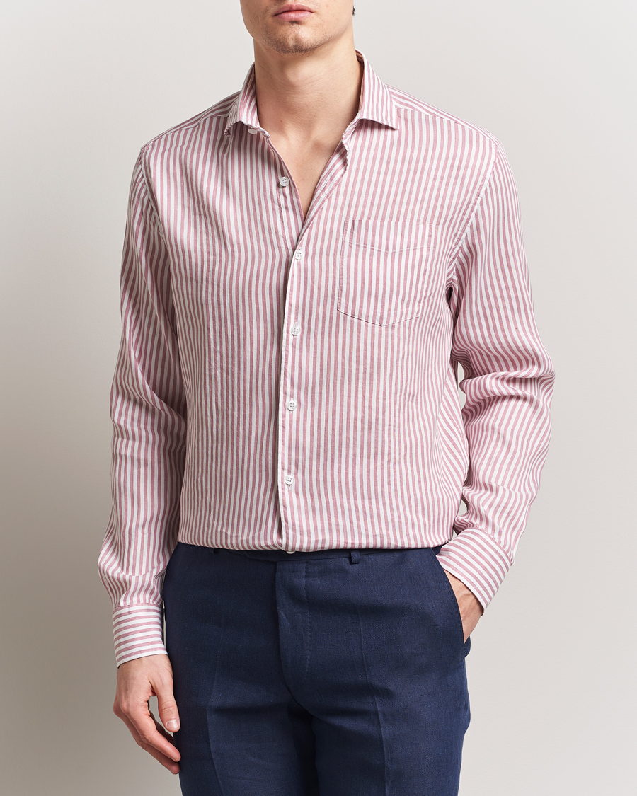 Herre | Skjorter | Oscar Jacobson | Wide Spread Linen/Cotton Venetian Stripe Shirt Red