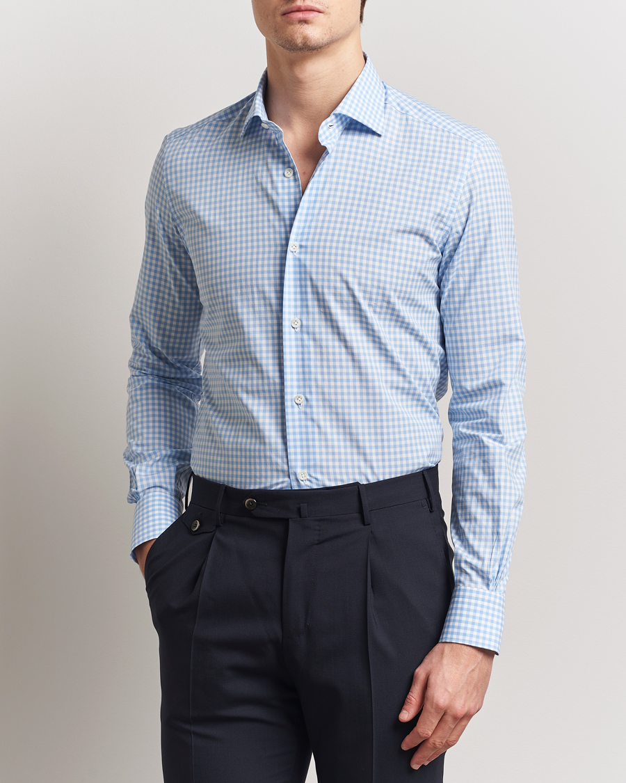 Herre | Skjorter | Mazzarelli | Soft Cotton Cut Away Shirt Blue Check