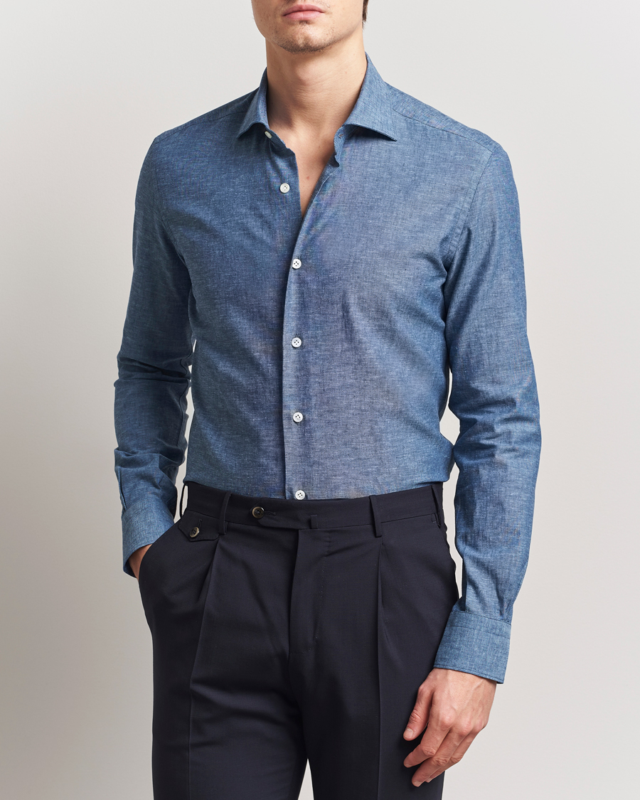 Herre | Skjorter | Mazzarelli | Soft Linen Cut Away Shirt Dark Blue