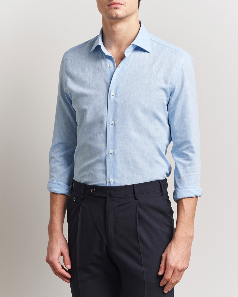 Herre | Skjorter | Mazzarelli | Soft Linen Cut Away Shirt Light Blue