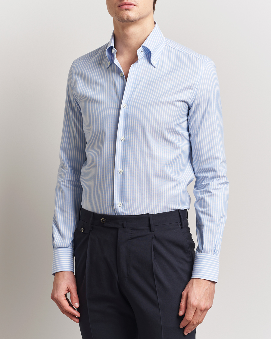 Herre | Skjorter | Mazzarelli | Soft Oxford Button Down Shirt Light Blue Stripe